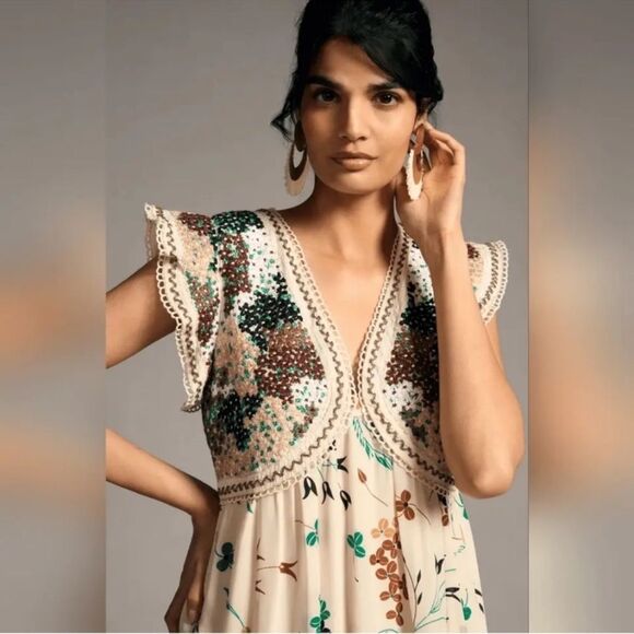 Anthropologie Printed V Neck Maxi Dress Floral Crochet Bodice
SS5 - Picture 2 of 8